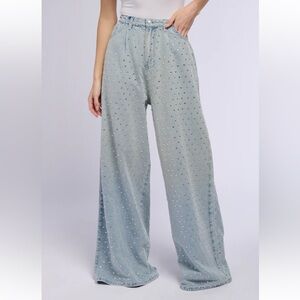AKIRA- DAZZLED RHINESTONE STUDDED EXTRA LONG DENIM PANTS